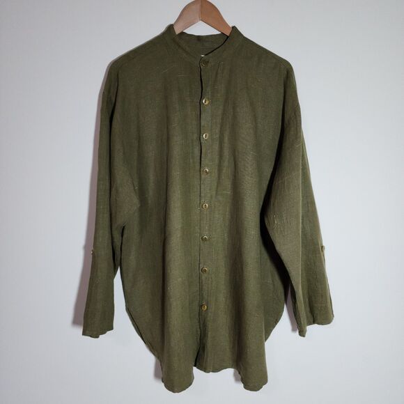 FLAX Other - Flax by Jeanne Engelhart Mens Linen Shirt S Olive Green Roll Tab Sleeve Stand-Up